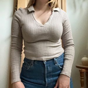 BDG Taupe Collared Crop Top